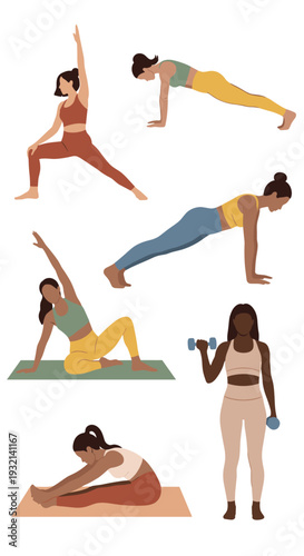 Six diverse illustrated women perform various yoga and fitness exercises on colored mats and the floor against a clean white background.
