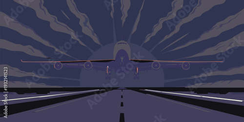 Dramatic illustration of an airplane on a dark runway preparing for takeoff under cloudy skies