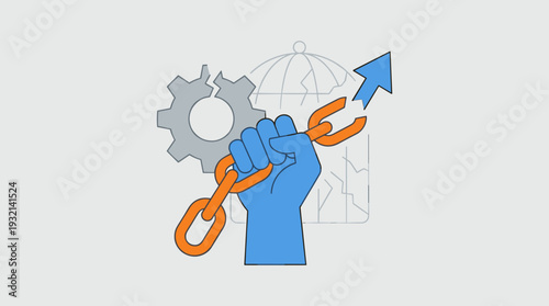 Symbolic vector illustration of a blue hand breaking an orange chain, representing freedom from oppression, struggle for liberation, overcoming business obstacles, and achieving success.