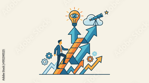Business Leadership and Vision Concept with Businessman Climbing Ladder Towards Lightbulb and Telescope Symbols of Success Growth Innovation and Strategic Planning for Corporate Career Path