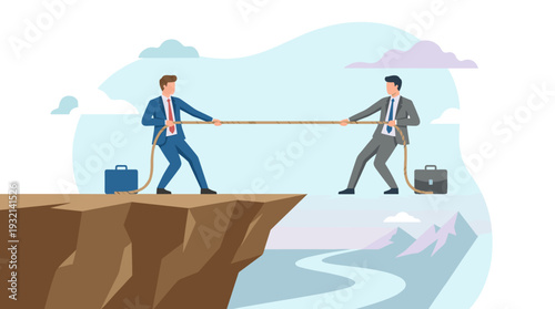 Business competition and challenge concept vector illustration of two businessmen in suits playing tug of war at the edge of a high cliff, representing corporate rivalry, risk, and struggle.