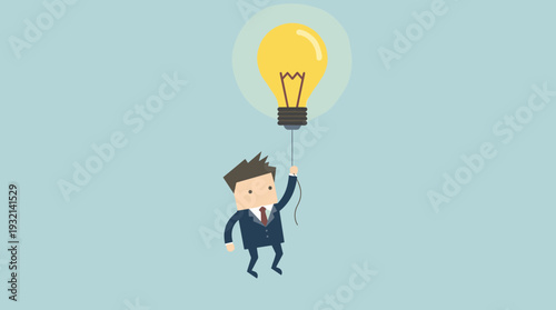 Businessman Flying with Glowing Lightbulb Balloon Representing Creativity, Innovation, and New Ideas. Minimalist Flat Vector Illustration for Business Success, Vision, and Inspiration Concept.