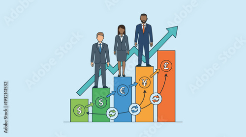 Business Team Standing on Rising Bar Graph with Global Currency Symbols and Exchange Rate Arrows, Concept of Financial Growth, Economic Success, International Trade, and Corporate Achievement