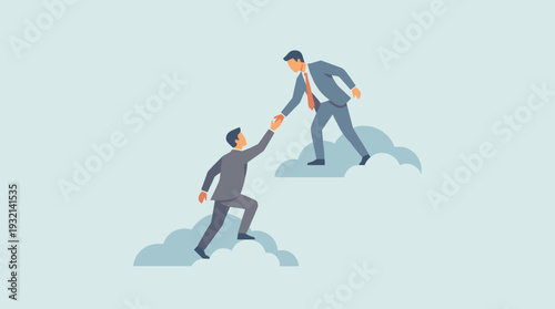 Business teamwork and partnership vector concept with businessman reaching out to pull another colleague up from a lower cloud to a higher one, representing mentorship, support, and success.