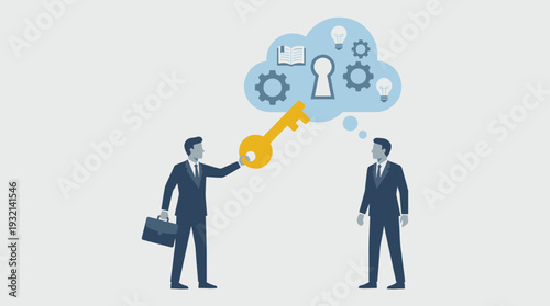 Professional businessman holding a golden key to unlock another person's mind, thought bubble with keyhole, gears, and lightbulbs. Concept of consulting, problem solving, and sharing knowledge.