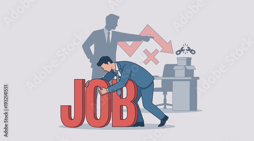 Businessman Clinging to Job Word Illustration, Office Worker Fired from Employment, Unemployment and Layoff Concept, Economic Crisis, Boss Dismissing Employee, Job Insecurity Flat Vector Art