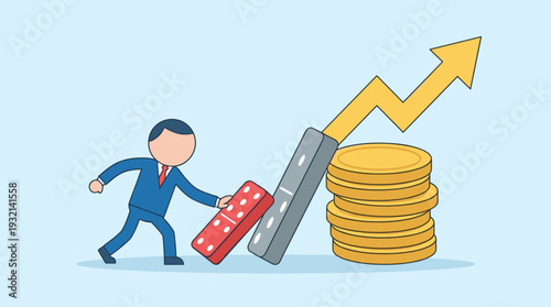 Businessman pushing a small domino to start a chain reaction, knocking down a larger one to lift a growth arrow and gold coins, illustrating business strategy, leverage, success, and investment.