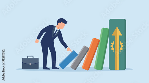 Businessman Pushing Small Domino to Trigger Chain Reaction for Business Growth and Success, Strategic Scaling Concept with Falling Blocks, Momentum, and Achieving Big Results from Small Actions.