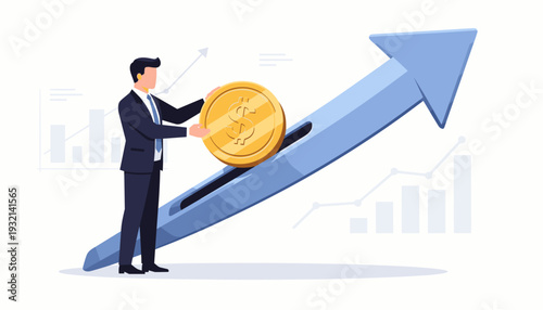 Professional businessman or investor putting gold dollar coin into slot of large blue upward arrow, symbolizing financial growth, profit increase, investment success, and wealth creation concept.
