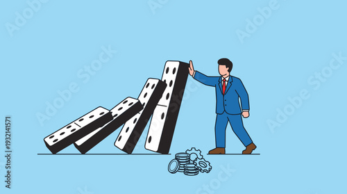 Businessman in a blue suit stopping a row of falling dominoes, symbolizing crisis management, financial intervention, risk mitigation, conflict prevention, and strategic problem solving in business.
