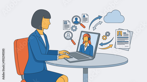 Professional businesswoman using laptop for online recruitment and hiring process. Concept of human resources management, talent acquisition, digital job interview, and resume screening icons.