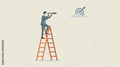 Businessman standing on a ladder using a telescope to look for a target in the clouds, representing business vision, goal setting, career growth, success, and strategic planning concept.
