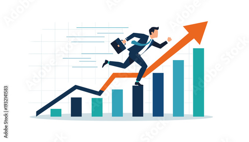 Ambitious businessman running up a rising bar chart with an upward arrow, representing career growth, financial success, leadership, and professional achievement in a flat vector illustration.