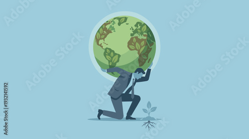 Businessman carrying a green globe on his back like Atlas, symbolizing corporate social responsibility, environmental sustainability, and the commitment to protect Earth from climate change.