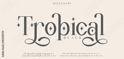 Tropical,Classic serif font alphabet letters fancy gentle typographic design. Elegant anthique typography. Retro slick serif letter set for wedding card, restaurant menu, headline, lettering. 