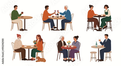 People sitting at tables engaging in various social interactions and activities in a casual setting.