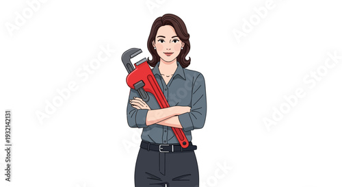 Woman holding a large adjustable wrench standing confidently in a professional setting