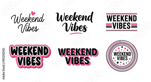 Collection of weekend vibes typography and logos on white background