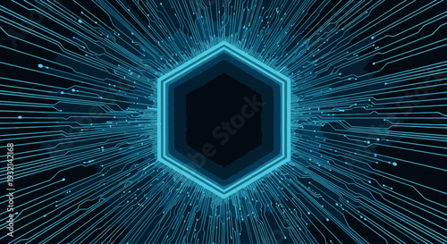 Futuristic hexagonal portal emitting blue neon light rays in a dark technological environment viewed from directly above