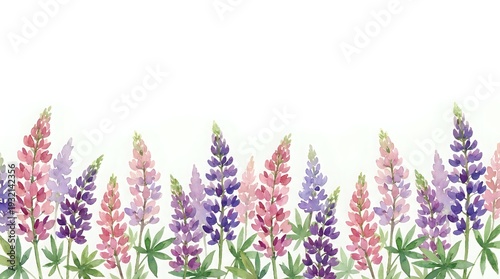 Watercolor lupine flowers in pink and purple hues with green leaves on white background. Floral border design for spring decorations and botanical artwork.
