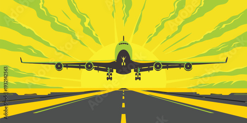 Stylized illustration of a jet airplane accelerating down the runway towards a bright radiating yellow sun