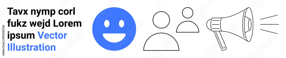 Fototapeta premium Communication, advocacy, social media marketing, teamwork, announcement, public relations. A blue smiling face, group of user icons and a loudspeaker. Communication and advocacy concepts