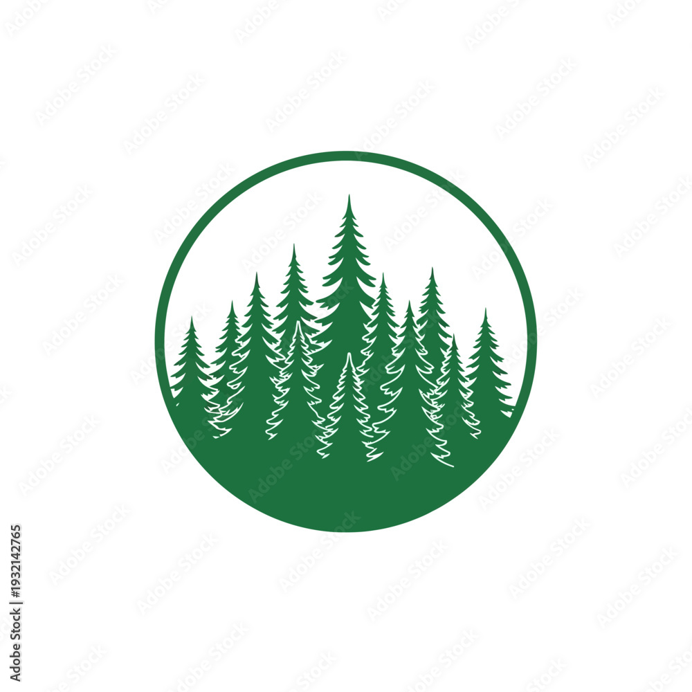 Obraz premium Abstract green pine tree forest in a circle logo representing nature and environmentalism