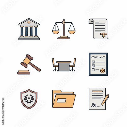 Set of legal and justice icons representing law, court, and legal documents