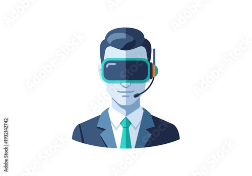 Virtual reality headset user wearing a suit and tie, symbolizing technology and business