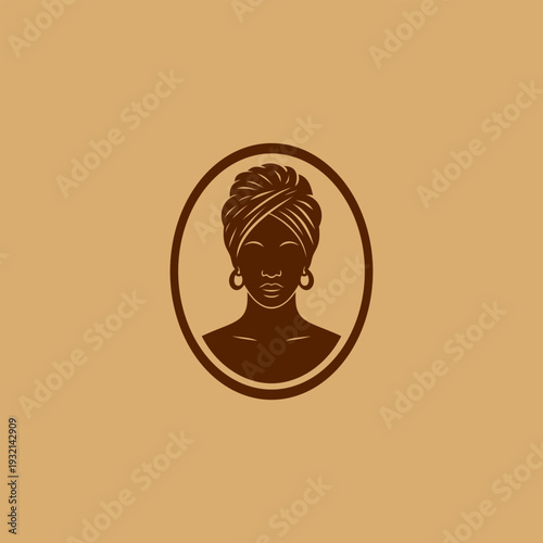 Elegant minimalist portrait silhouette of an African woman wearing headwrap and earrings inside oval frame, flat vector illustration