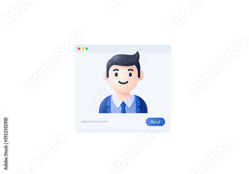 Illustration of a smiling businessman in a suit on a computer screen with a send button