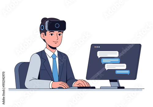 Man wearing VR headset interacting with chat interface on computer screen