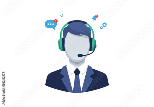 Customer support agent wearing headset with notification icons around head, representing communication and service