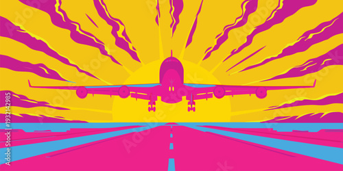 Vibrant pop art illustration of a commercial jet airplane on a runway at sunset during takeoff