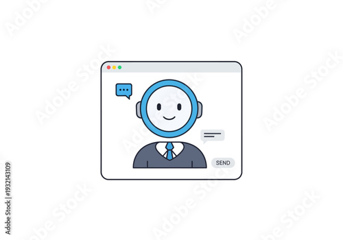 Chatbot avatar with speech bubbles and send button inside a browser window interface