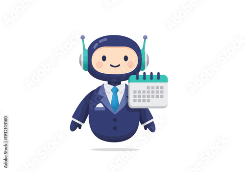 Cute business robot holding a calendar, representing scheduling and planning in the corporate world