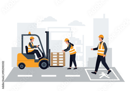 Warehouse workers in hi-vis vests operating a forklift and moving pallets in a loading dock area with buildings in background