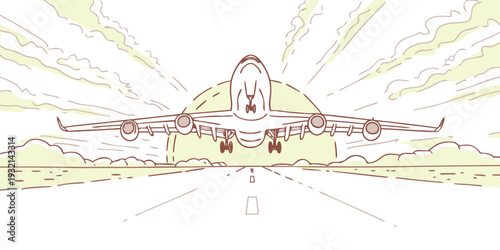 Sketch style illustration of a large passenger airplane accelerating down the runway for takeoff departure