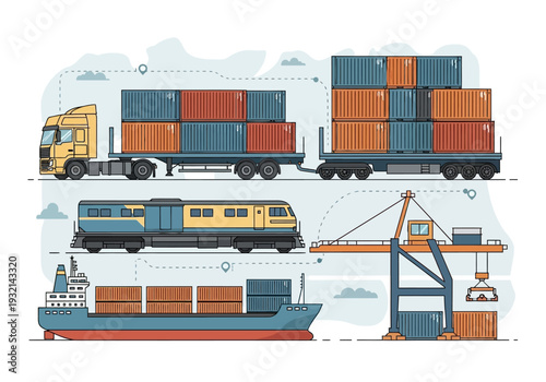 Global shipping and logistics illustration with cargo ship, train, truck, and crane moving containers for import and export
