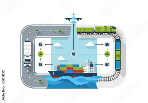 Global logistics and supply chain management illustration depicting various modes of transportation including air, sea, rail, and road transport for efficient shipping and delivery