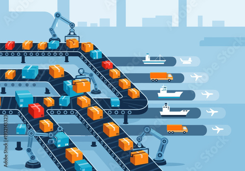 Automated logistics and delivery system with robotic arms and conveyor belts moving packages onto trucks, ships, and planes