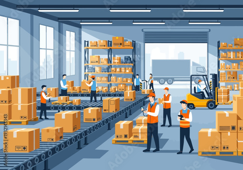 Logistics warehouse interior with workers, forklifts, and conveyor belts moving boxes