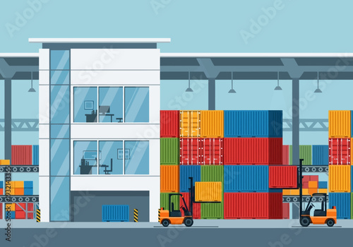 Industrial warehouse with forklift trucks moving cargo containers for logistics and distribution