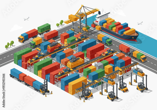 Busy shipping port with cargo containers, trucks, cranes, and a large container ship docked at the pier