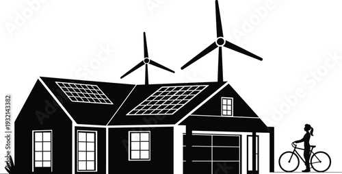 Modern eco friendly smart home with solar panels and wind turbines renewable energy lifestyle concept sustainable architecture clean power technology green living illustration