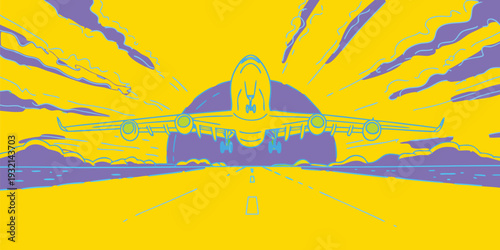 Vibrant pop art illustration of a commercial airplane preparing for takeoff on a colorful runway
