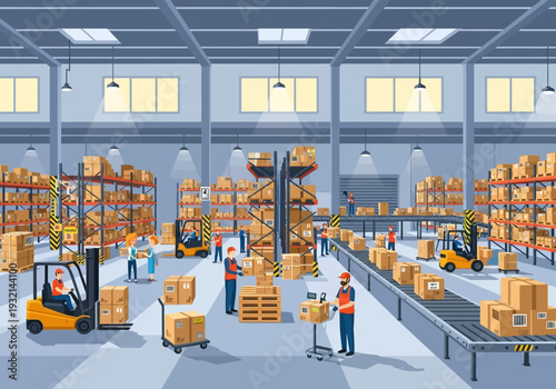 Vast warehouse interior with workers and forklifts organizing inventory on shelves and conveyor belts, showcasing logistics and supply chain operations
