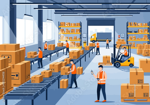 Warehouse operations with workers and forklifts on conveyor belts, loading and unloading boxes for delivery