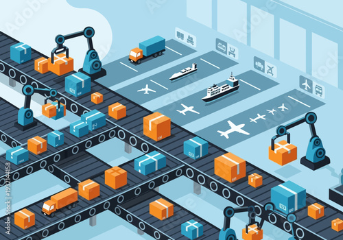Logistics and delivery network with conveyor belts, robots, trucks, ships, and airplanes, symbolizing global shipping and supply chain operations