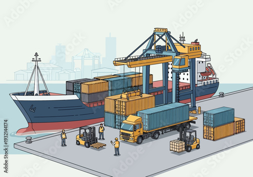 Shipping port with cargo ship, trucks, forklifts, and containers being loaded and unloaded